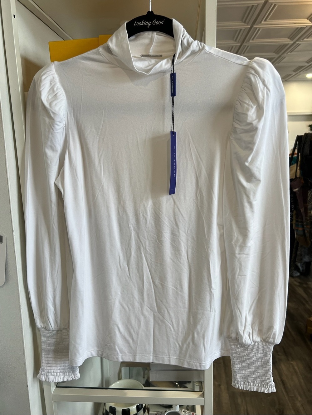 Elie Tahari White Long-Sleeve Mock Neck Top with Puff Shoulders NWT